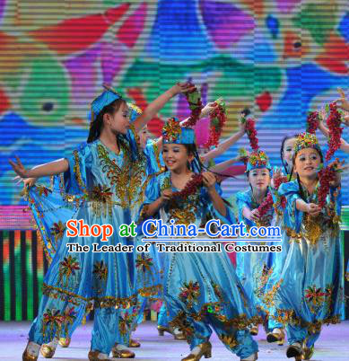 Chinese Traditional Uyghur Nationality Dance Stage Performance Costume, China Folk Dance Dress for Children