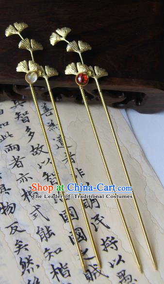 Chinese Traditional Ancient Hair Accessories Classical Hanfu Brass Ginkgo Leaf Hairpins for Women