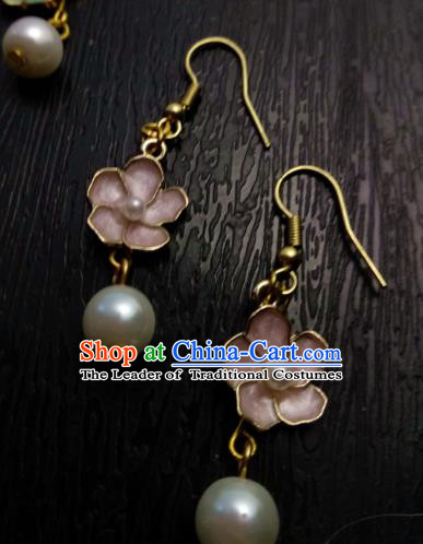 Chinese Traditional Ancient Accessories Earrings Classical Hanfu Pink Flowers Eardrop for Women