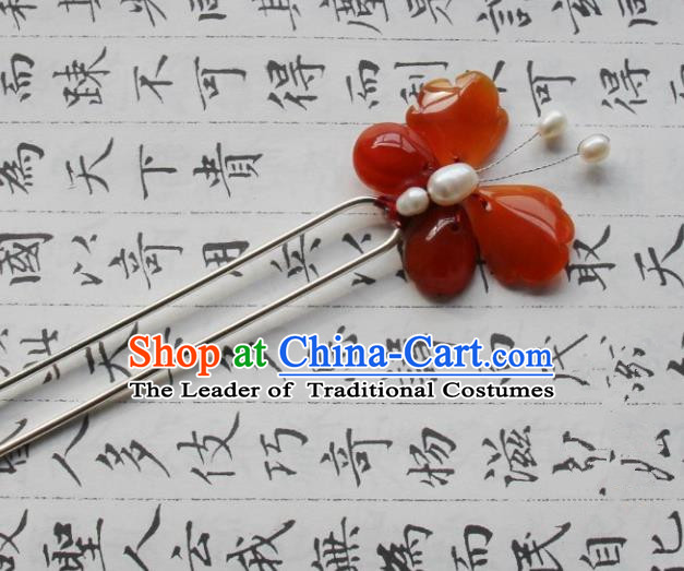 Chinese Traditional Ancient Hair Accessories Classical Red Agate Butterfly Hanfu Hairpins for Women