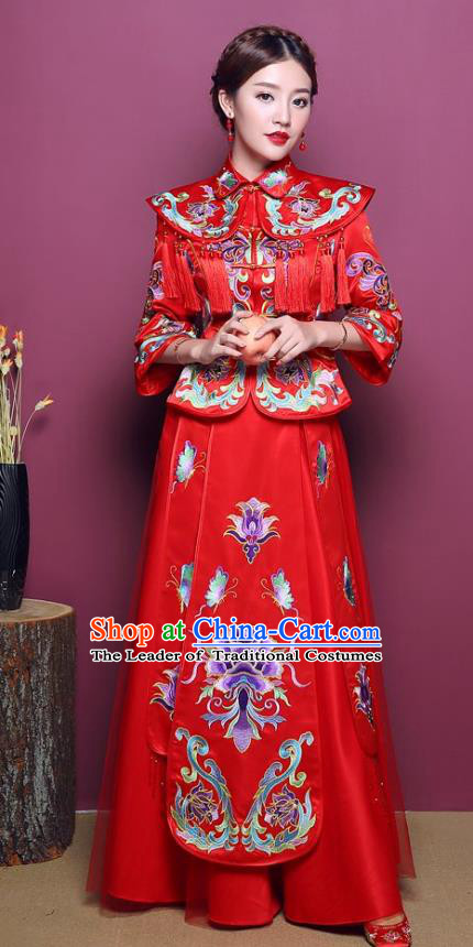 Chinese Traditional Wedding Dress Costume Bottom Drawer, China Ancient Bride Embroidered Peony Xiuhe Suits for Women