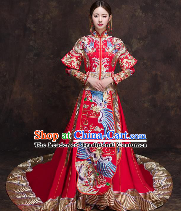 Chinese Traditional Bride Toast Clothing Embroidery Phoenix Red Xiuhe Suits Ancient Bottom Drawer Wedding Costumes for Women