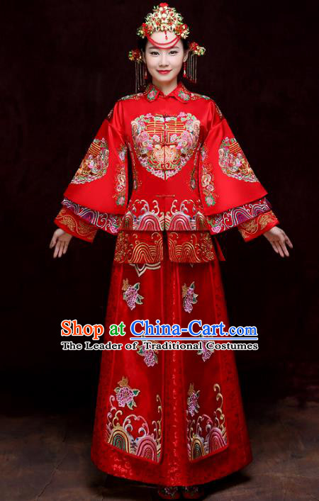 Chinese Traditional Xiuhe Suits Bride Red Full Dress Ancient Embroidered Peony Bottom Drawer Wedding Costumes for Women