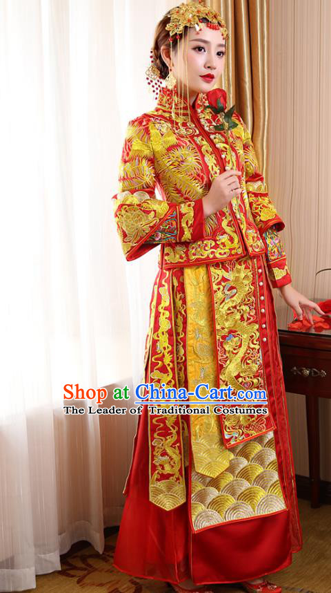Chinese Ancient Wedding Costume Bride Red Toast Clothing, China Traditional Delicate Embroidered Dress Xiuhe Suits for Women