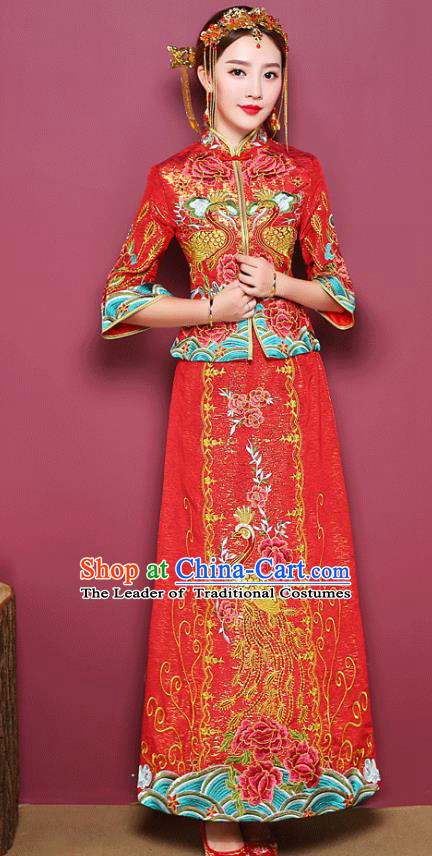Chinese Ancient Wedding Costume Bride Toast Clothing, China Traditional Delicate Embroidered Peony Red Dress Xiuhe Suits for Women