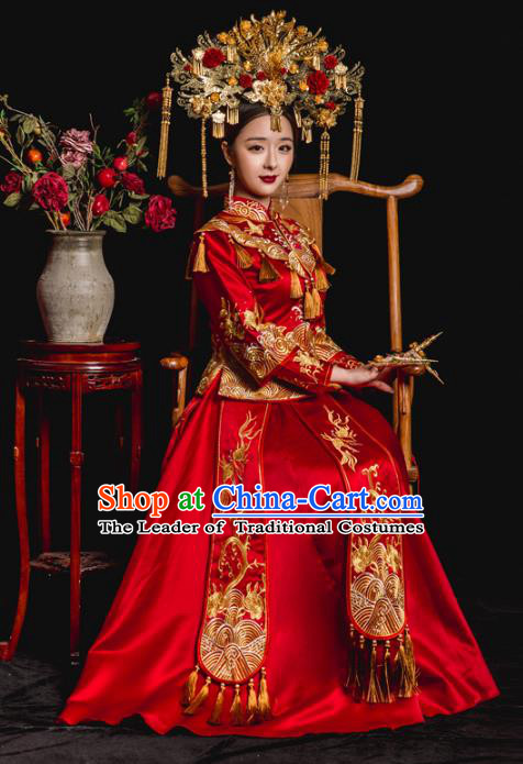 Chinese Ancient Bride Wedding Costume Embroidery Toast Clothing, Traditional Qing Dynasty Delicate Embroidered Red Xiuhe Suits for Women