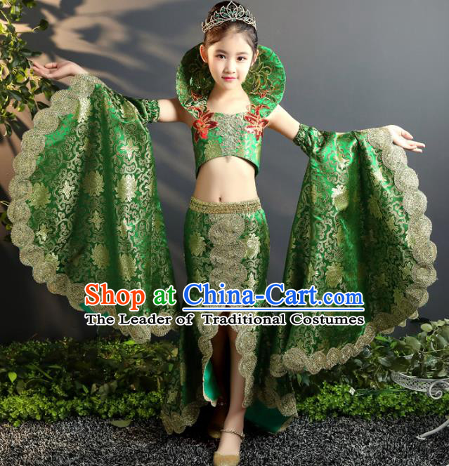 Children Stage Performance Costumes China Style Modern Fancywork Green Full Dress for Kids