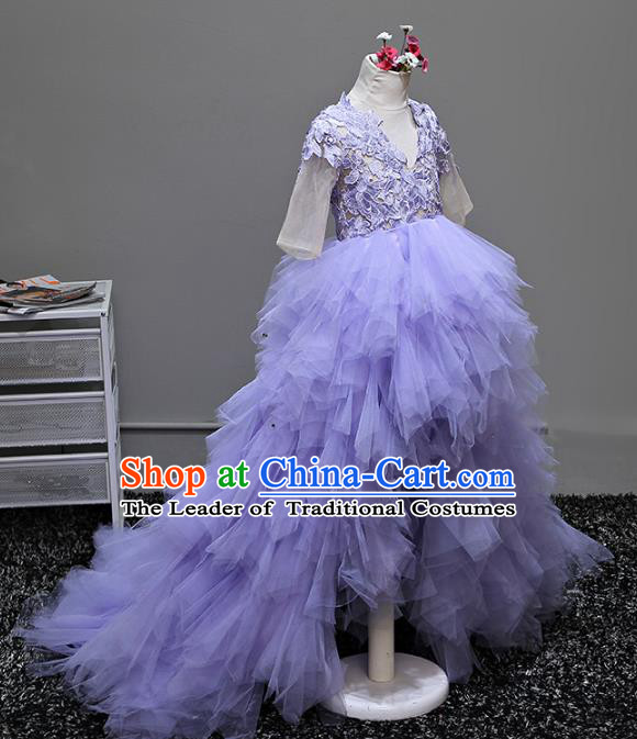 Children Stage Performance Costumes Ballroom Purple Bubble Dress Modern Fancywork Full Dress for Kids