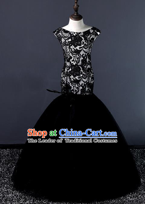 Top Grade Stage Performance Costumes Compere Black Lace Mermaid Dress Modern Fancywork Full Dress for Kids