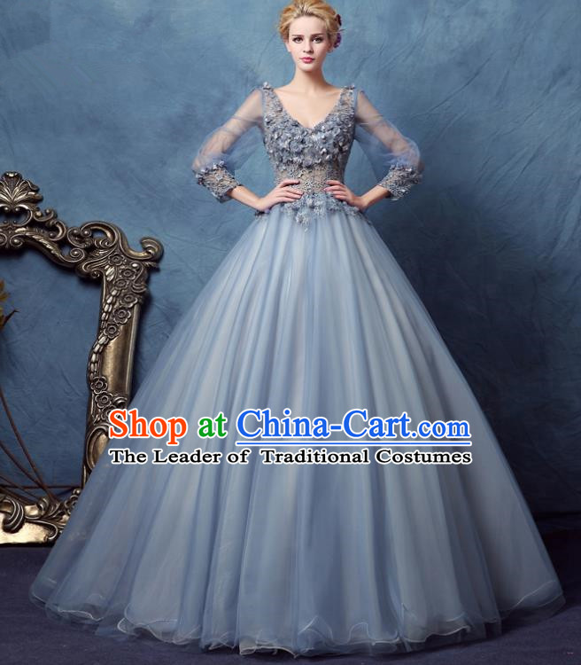 Top Grade Advanced Customization Wedding Dress Blue Bridal Veil Full Dress Costume for Women