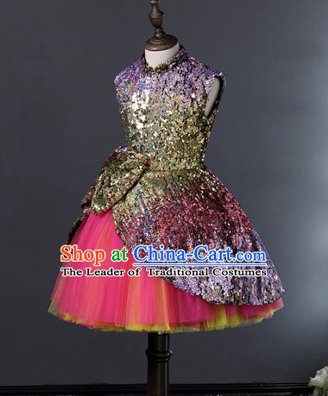 Top Grade Stage Performance Costumes Compere Purple Sequins Bubble Dress Modern Fancywork Full Dress for Kids