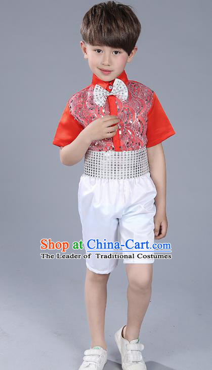 Top Grade Boys Chorus Sequins Costumes Children Compere Modern Dance Red Clothing for Kids