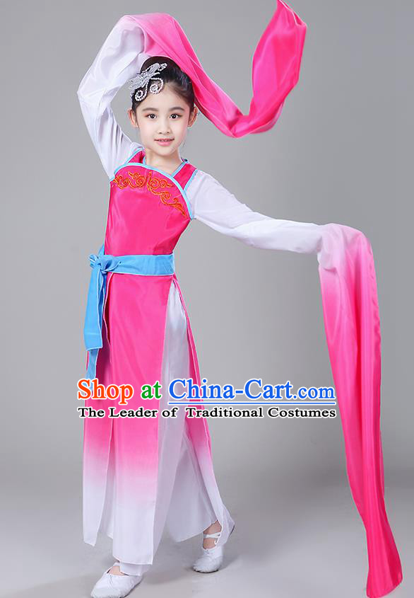 Chinese Traditional Folk Dance Costumes Children Classical Dance Yangko Water Sleeve Rosy Clothing for Kids