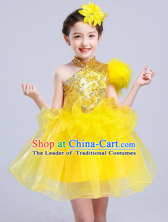 Top Grade Chorus Stage Performance Costumes Yellow Veil Bubble Dress Children Modern Dance Clothing for Kids