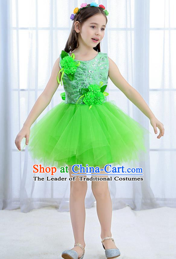 Top Grade Chorus Stage Performance Costumes Green Flower Bubble Dress Children Modern Dance Clothing for Kids