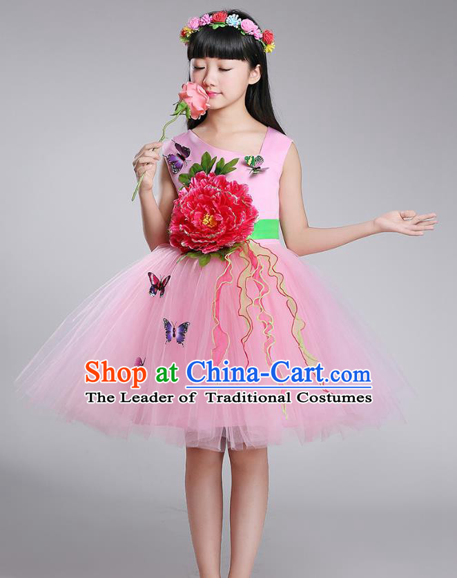 Top Grade Chorus Stage Performance Costumes Peony Flower Pink Bubble Dress Children Modern Dance Clothing for Kids