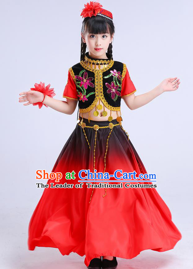 Chinese Traditional Folk Dance Costumes Uyghur Nationality Dance Red Dress Children Classical Dance Clothing for Kids