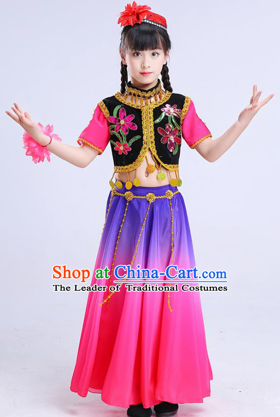 Chinese Traditional Folk Dance Costumes Uyghur Nationality Dance Pink Dress Children Classical Dance Clothing for Kids
