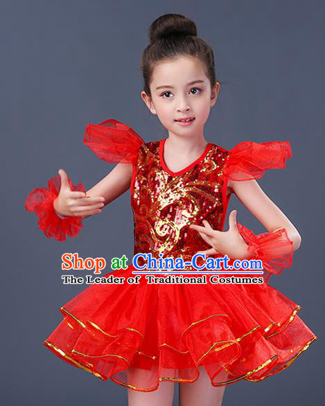 Top Grade Chorus Costumes Stage Performance Jazz Dance Red Dress Children Modern Dance Clothing for Kids