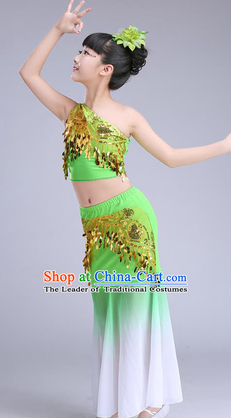 Chinese Traditional Folk Dance Costumes Pavane Dance Green Dress Children Classical Peacock Dance Clothing for Kids