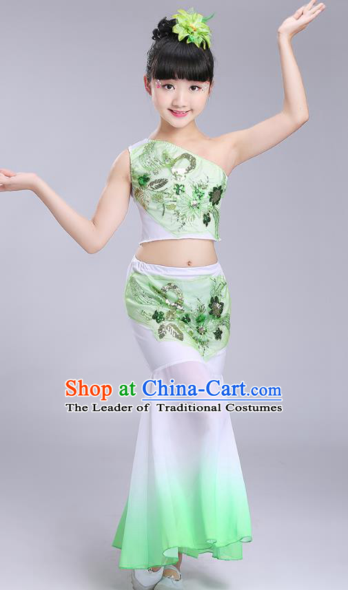 Chinese Traditional Folk Dance Costumes Dai Nationality Pavane Green Dress Children Classical Peacock Dance Clothing for Kids