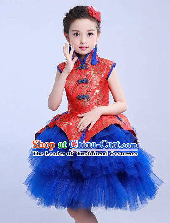 Chinese Traditional Folk Dance Costumes Compere Cheongsam Dress Children Classical Dance Clothing for Kids
