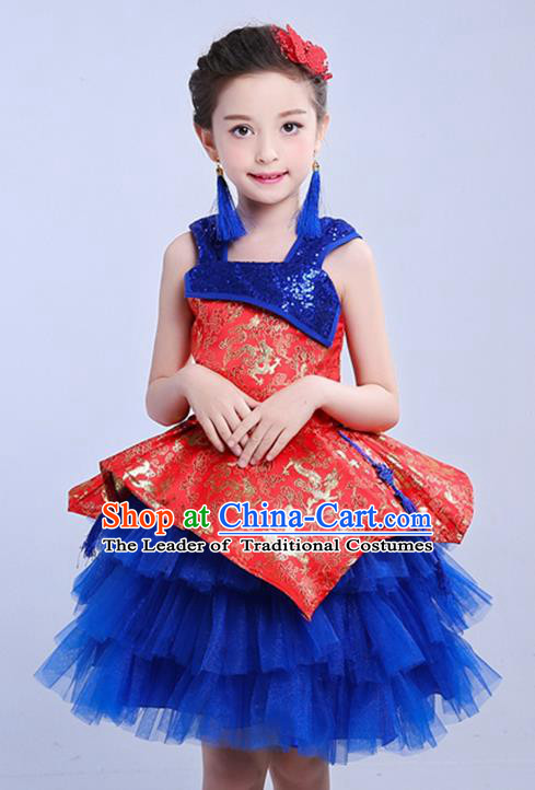 Chinese Traditional Folk Dance Costumes Compere Cheongsam Red Dress Children Classical Dance Clothing for Kids