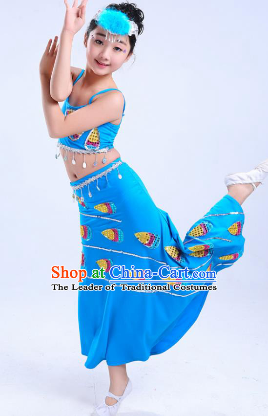 Chinese Traditional Folk Dance Costumes Children Dai Nationality Peacock Dance Classical Dance Blue Dress for Kids