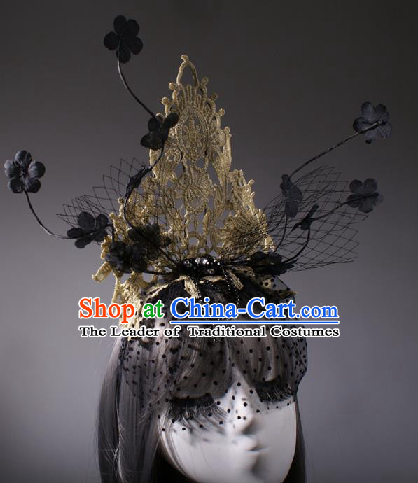 Top Grade Halloween Queen Golden Lace Hair Accessories Stage Performance Modern Fancywork Headwear Hair Crown