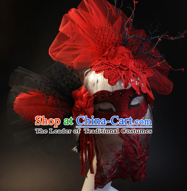 Halloween Exaggerated Red Lace Face Mask Fancy Ball Props Stage Performance Accessories Christmas Mysterious Masks