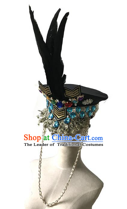 Top Grade Catwalks Gothic Hair Accessories Exaggerated Crystal Feather Police Cap Halloween Modern Fancywork Headwear