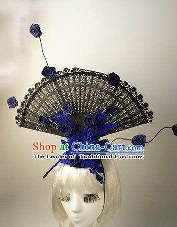 Top Grade Catwalks Chinese Traditional Hair Accessories Halloween Modern Fancywork Blue Lace Flowers Headwear