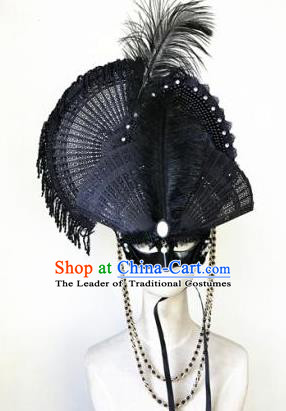 Top Grade Chinese Traditional Catwalks Black Feather Hair Accessories Exaggerated Halloween Modern Fancywork Wedding Headwear