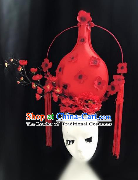Top Grade Chinese Catwalks Hair Accessories Red Flowers Headdress Exaggerated Halloween Modern Fancywork Headwear