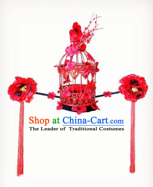 Top Grade Catwalks Hair Accessories Exaggerated Chinese Red Peony Birdcage Hair Clasp Modern Fancywork Headwear