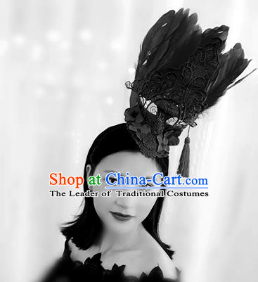 Top Grade Catwalks Hair Accessories Exaggerated Baroque Black Feather Hair Clasp Modern Fancywork Headwear