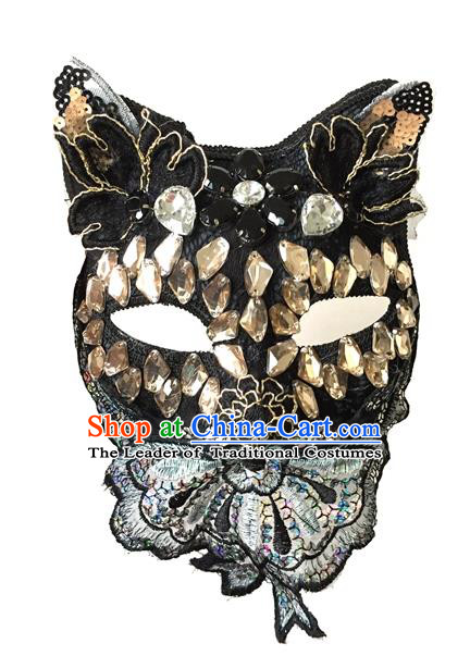 Halloween Handmade Crystal Cat Face Mask Fancy Ball Catwalks Masks Christmas Exaggerated Feather Masks