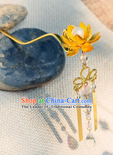 China Ancient Hair Accessories Hanfu Tassel Golden Lotus Hair Clip Chinese Classical Hairpins for Women