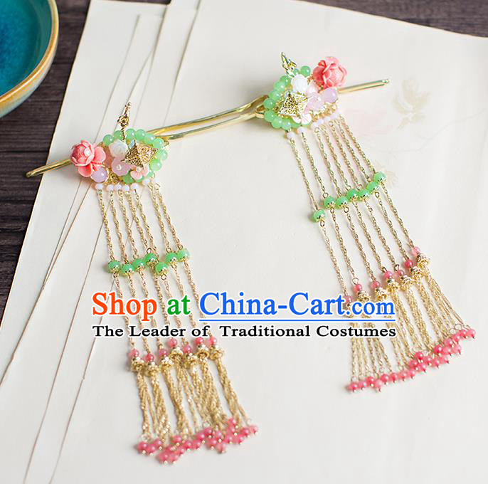 Chinese Traditional Palace Hair Accessories Xiuhe Suit Pink Beads Tassel Hair Clips Ancient Hairpins for Women