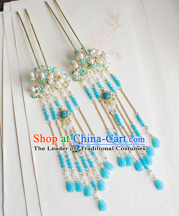 Chinese Traditional Palace Hair Accessories Xiuhe Suit Blueing Lotus Pearls Hair Clips Ancient Hairpins for Women