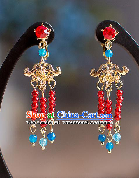 Chinese Ancient Bride Classical Accessories Earrings Wedding Jewelry Hanfu Red Beads Tassel Eardrop for Women