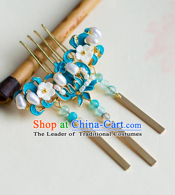 Chinese Traditional Palace Hair Accessories Xiuhe Suit Blue Lotus Hair Comb Ancient Hairpins for Women