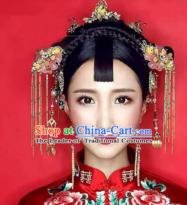 Chinese Traditional Palace Hair Accessories Xiuhe Suit Hair Clips Ancient Tassel Hairpins Complete Set for Women