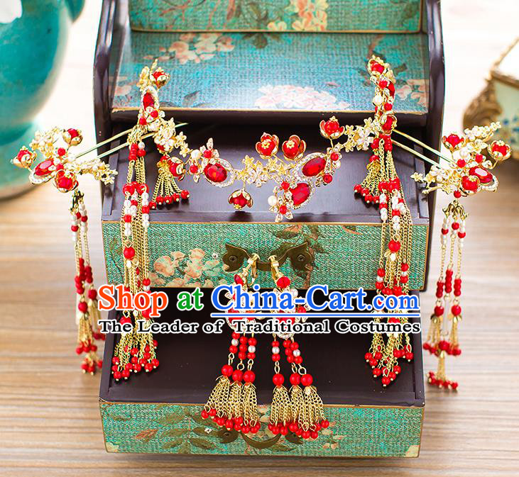 Chinese Traditional Palace Hair Accessories Red Crystal Phoenix Coronet Ancient Xiuhe Suit Tassel Hairpins Complete Set for Women
