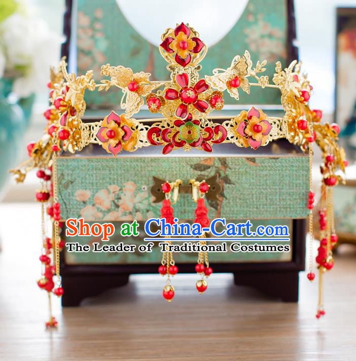 Chinese Traditional Palace Hair Accessories Ancient Xiuhe Suit Red Flowers Phoenix Coronet Hairpins for Women