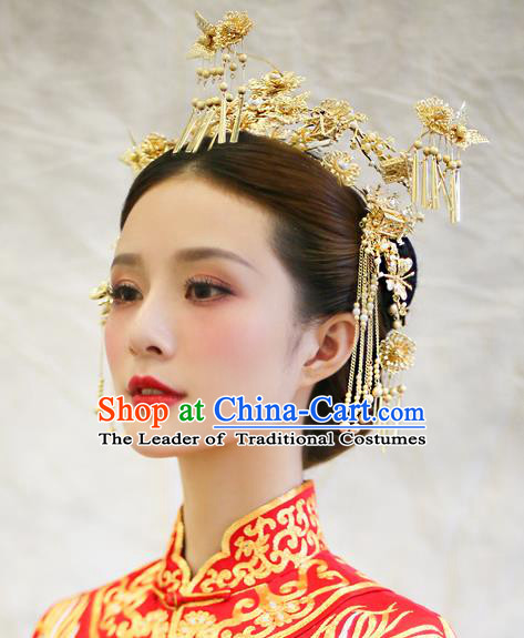 Chinese Traditional Palace Hair Accessories Ancient Hairpins Tassel Phoenix Coronet Xiuhe Suit Hair Clips Complete Set for Women