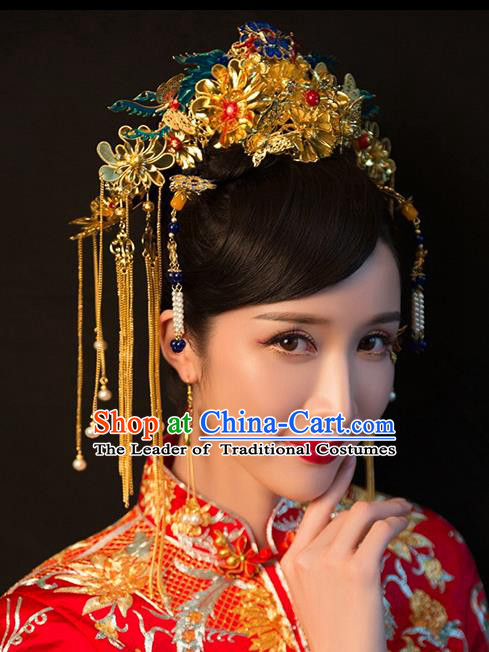 Chinese Traditional Palace Hair Accessories Ancient Hairpins Xiuhe Suit Tassel Blueing Phoenix Coronet Complete Set for Women
