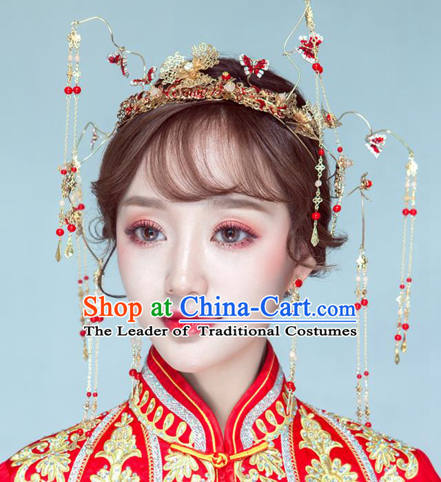 Chinese Traditional Palace Hair Accessories Ancient Xiuhe Suit Butterfly Hairpins Phoenix Coronet for Women