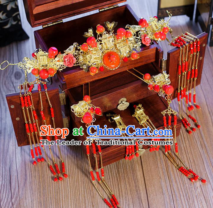 Chinese Traditional Palace Hair Accessories Ancient Hairpins Xiuhe Suit Red Phoenix Coronet for Women