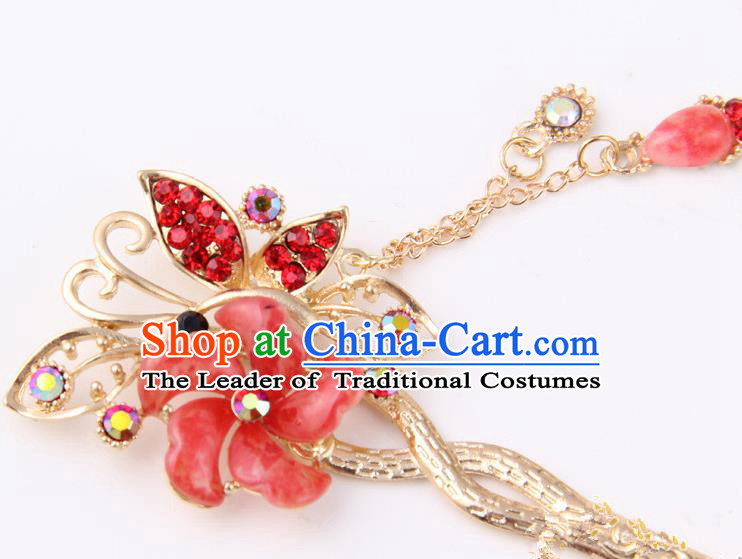 Chinese Traditional Palace Hair Accessories Ancient Red Flowers Hairpins Crystal Hair Clips for Women